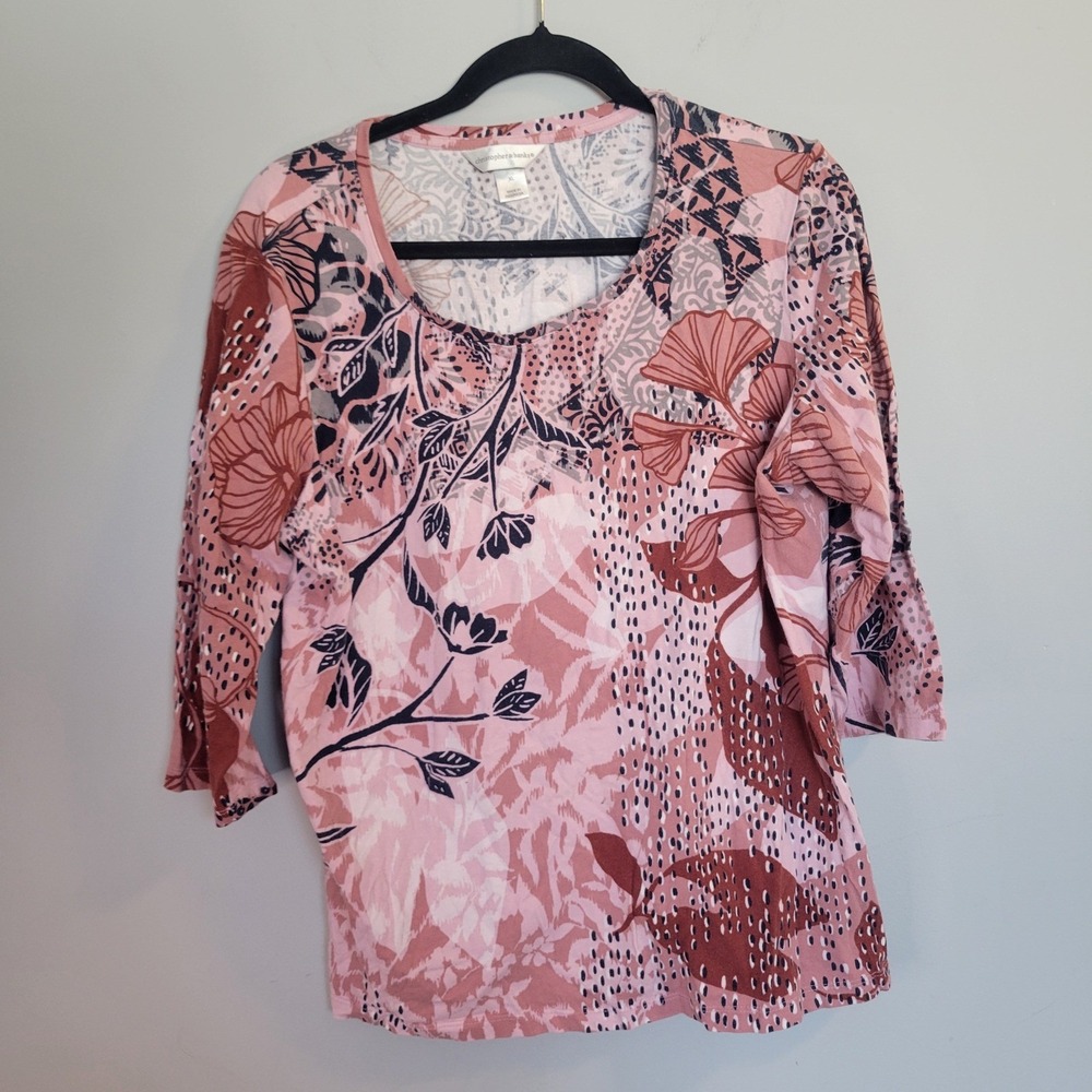 Christopher & Banks Womens XL Pink Floral Ginkgo Print 3/4 Sleeve Knit Top